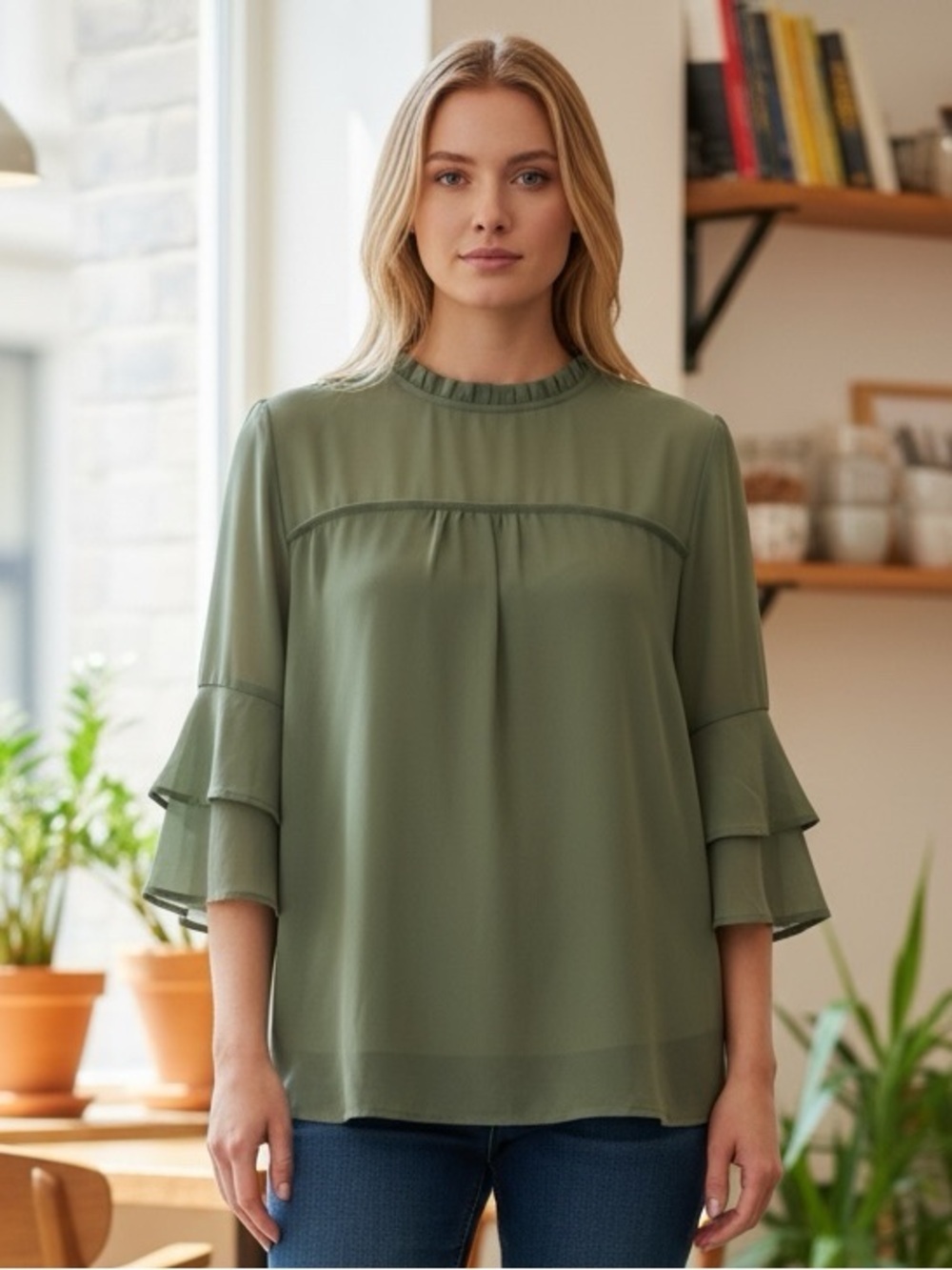 Womens Green Ruffle-Neck Blouse L